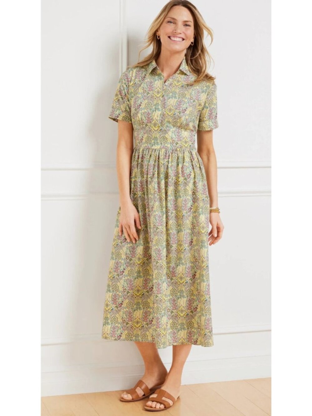 new Talbots Floral Novelty Bird Print Cotton Midi Shirtdress Yellow Artsy 14